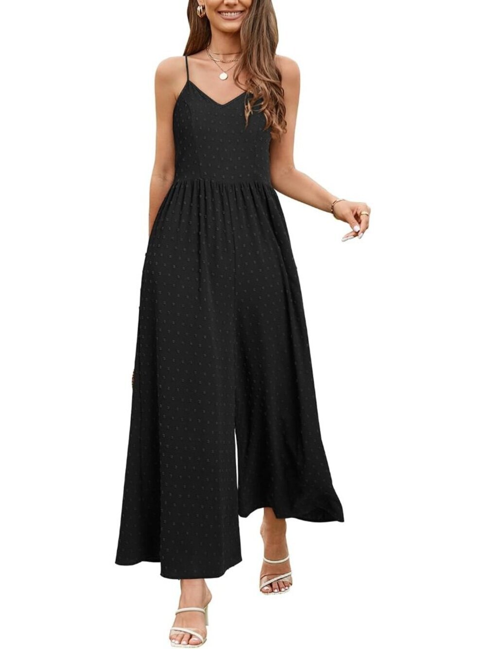 Women's Summer Floral Black Spaghetti Strap Smocked Long Rompers with Pockets